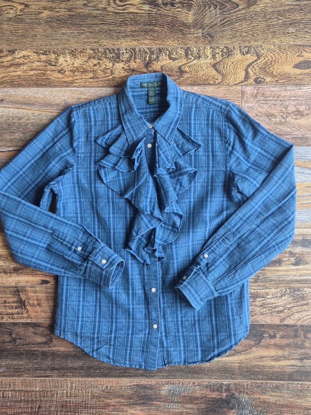 Vintage Lauren Jeans Co. RL Linen Blend Jabot Ruffle Blouse Button-Up Blue Plaid